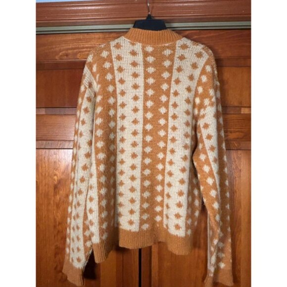 Vintage 70s Wool Knit Cardigan Zip Sweater Nordic Geometric Tan Cream XL - Picture 8 of 8